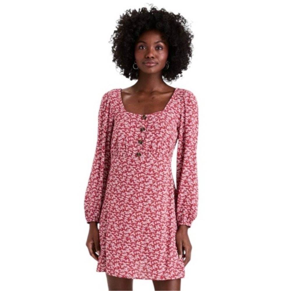 American Eagle Floral Long Sleeve Mini Dress Red White Square Neck XS